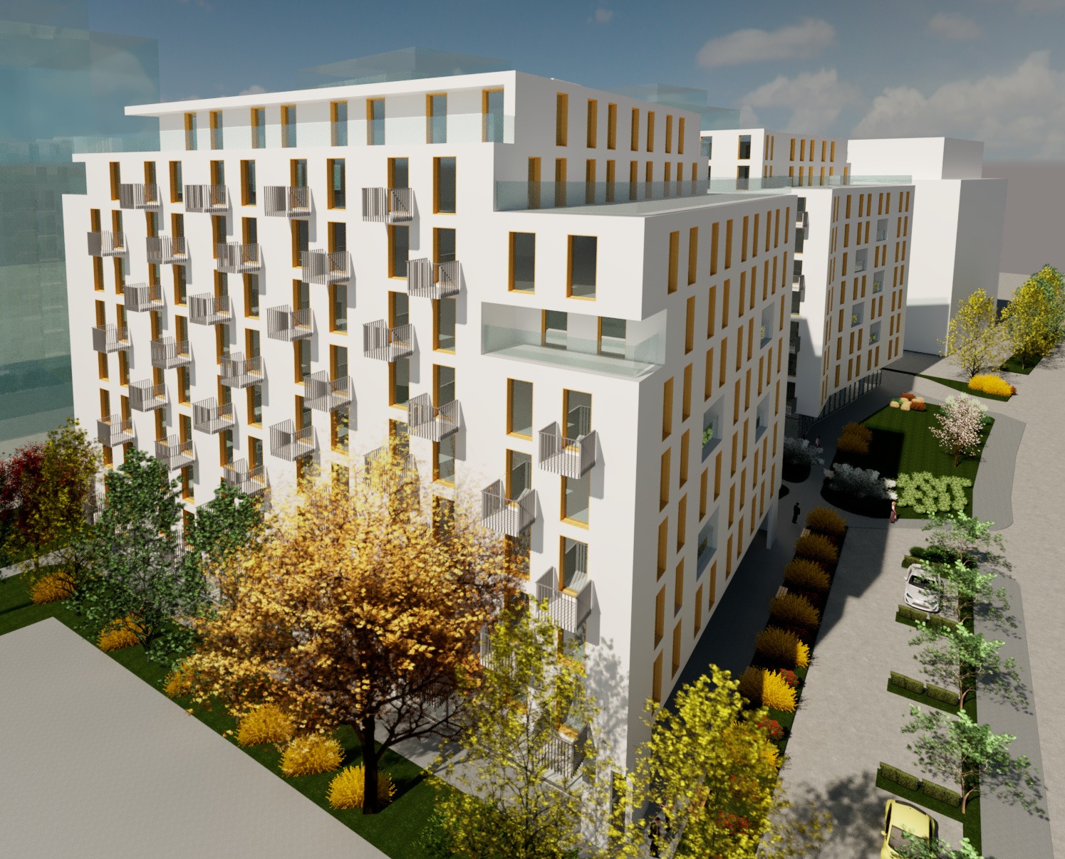 Wizualizacja kompleksu apartamentowego z balkonami, białymi elewacjami i żółtymi obramowaniami okien, otoczonego zielenią i alejkami spacerowymi, z widocznymi samochodami na parkingu.