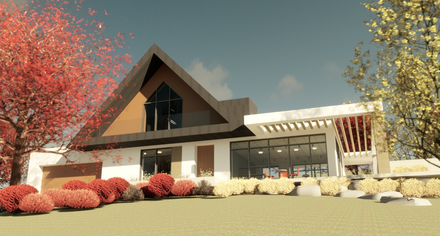 Wizualizacja nowoczesnego domu jednorodzinnego z dachem dwuspadowym i dużymi przeszkleniami, otoczonego kwitnącą roślinnością w odcieniach czerwieni i żółci.