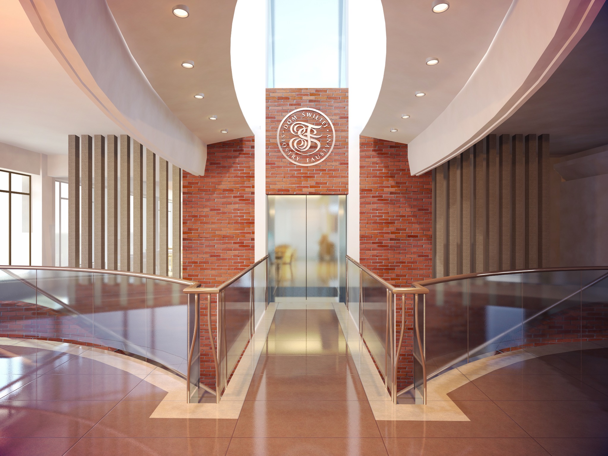Wnętrze budynku usługowego z ceglaną ścianą, logo Dom Świętej Faustyny i szklanymi balustradami.