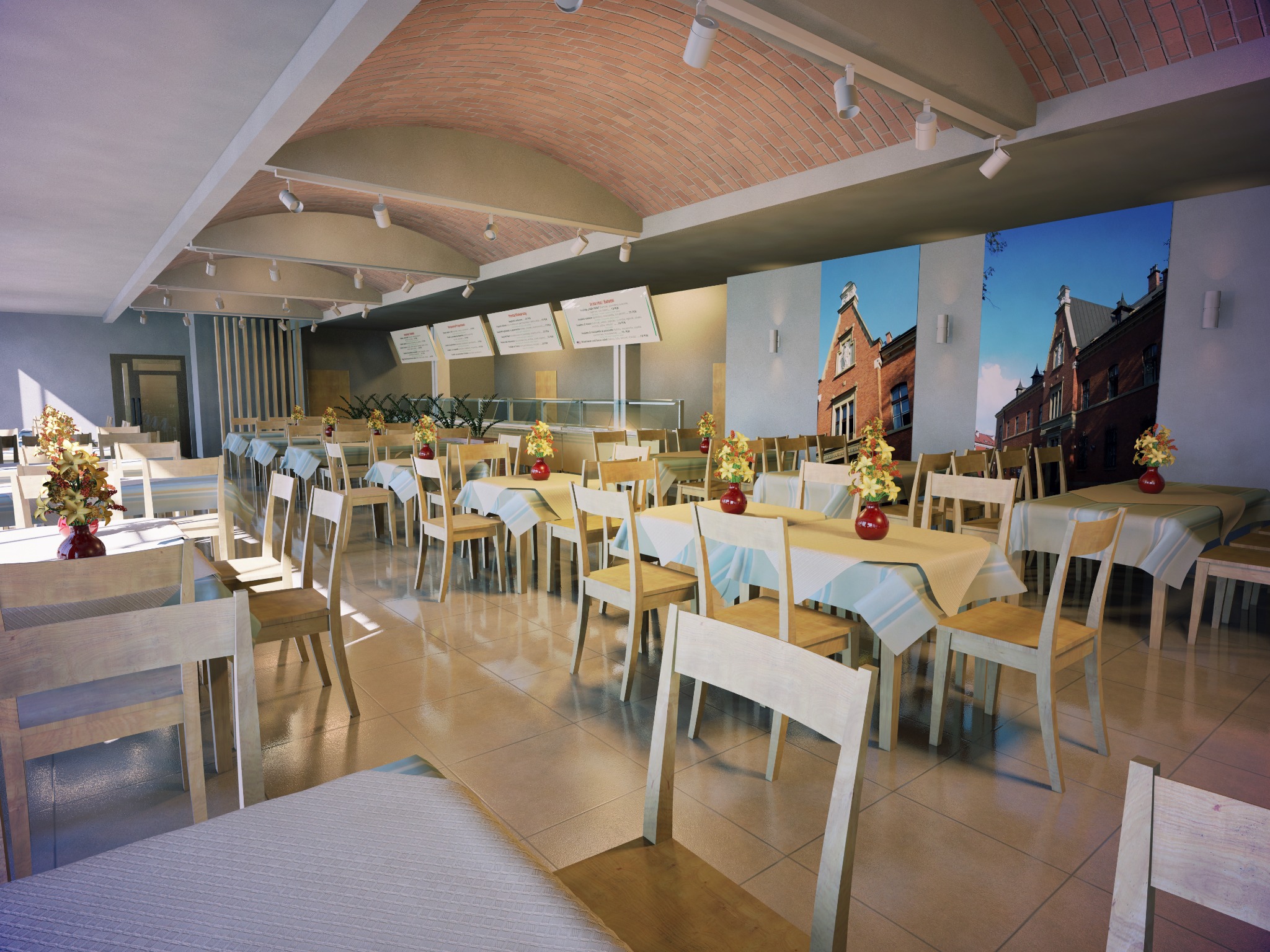 Wnętrze przestronnej restauracji z ceglanym sklepieniem łukowym, jasnymi drewnianymi krzesłami i stołami nakrytymi beżowymi obrusami z niebieskimi akcentami, dekoracje kwiatowe w czerwonych...