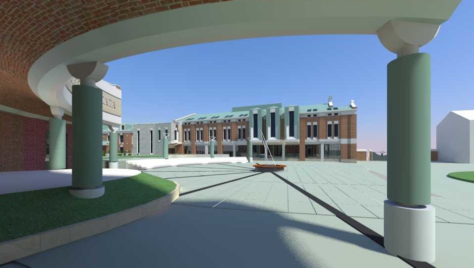 Wizualizacja budynku usługowego z ceglaną fasadą, zielonym dachem i kolumnami, z małą żaglówką jako elementem dekoracyjnym na placu.