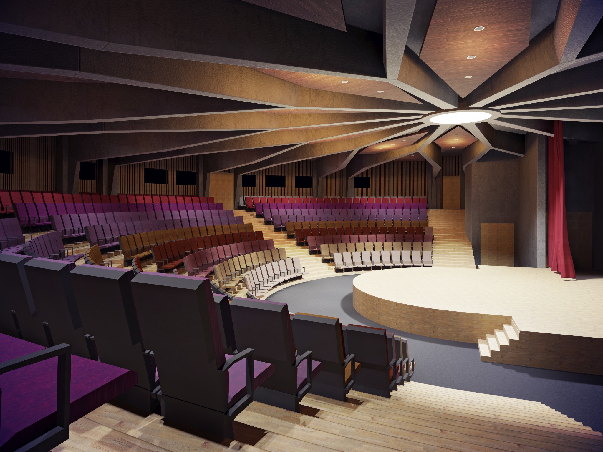 Wnętrze sali widowiskowej z rzędami foteli w odcieniach fioletu i brązu, drewnianą sceną i geometrycznym sufitem z oświetleniem punktowym.