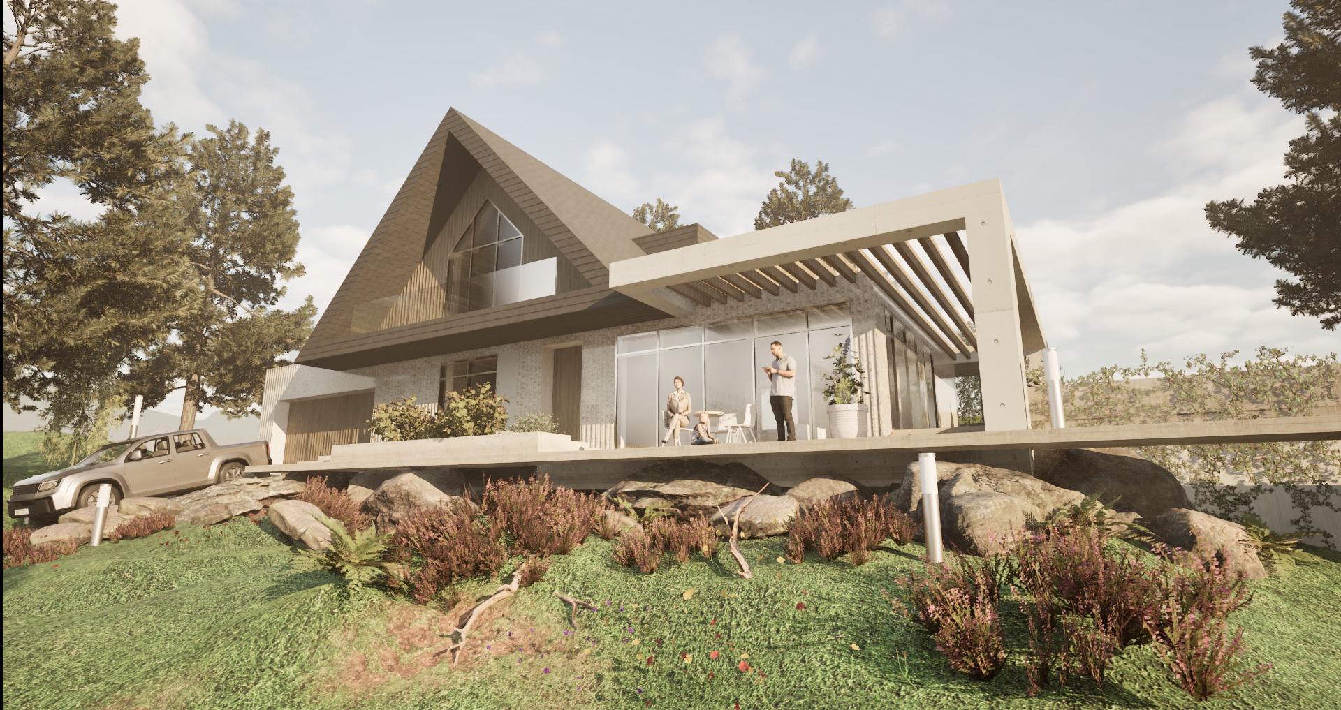 Wizualizacja domu jednorodzinnego z dachem dwuspadowym i dużymi przeszkleniami, z tarasem na podwyższeniu. Na tarasie siedzą ludzie. W tle drzewa i niebo.