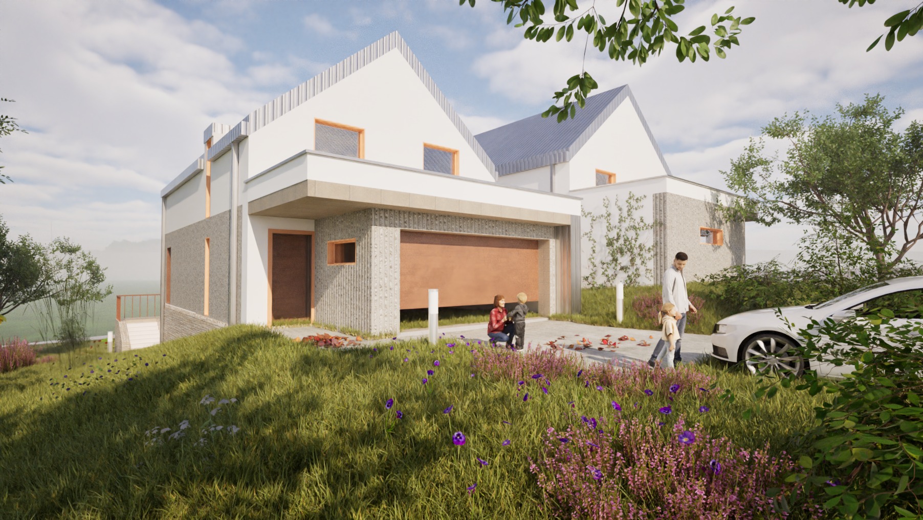 Wizualizacja nowoczesnego domu z garażem, z elementami elewacji z szarego kamienia. Na podjeździe rodzina i biały samochód. Uwagę przykuwa nietypowy kolor bramy garażowej.