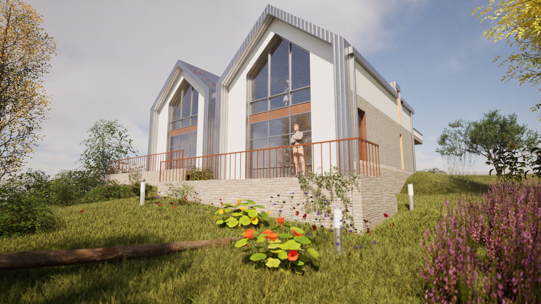 Wizualizacja domu z dwiema szczytowymi bryłami, dużymi oknami i balkonem, otoczonego zielenią. Osoba stoi na balkonie. Widok z poziomu gruntu, kwiaty na pierwszym planie.