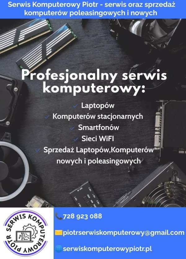 Układ elementów komputerowych, w tym pamięci RAM, dysku twardego, wentylatora i zasilacza, na ciemnym tle. Widoczny tekst reklamujący profesjonalny serwis komputerowy.