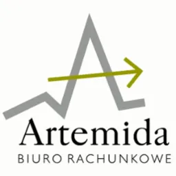 Logo firmy Artemida Biuro Rachunkowe: szary stylizowany kształt litery A z zieloną strzałką w poprzek, nazwa firmy i dopisek 'BIURO RACHUNKOWE' poniżej.
