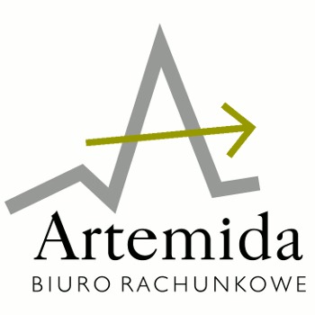 Logo firmy Artemida Biuro Rachunkowe: szary stylizowany kształt litery A z zieloną strzałką w poprzek, nazwa firmy i dopisek 'BIURO RACHUNKOWE' poniżej.