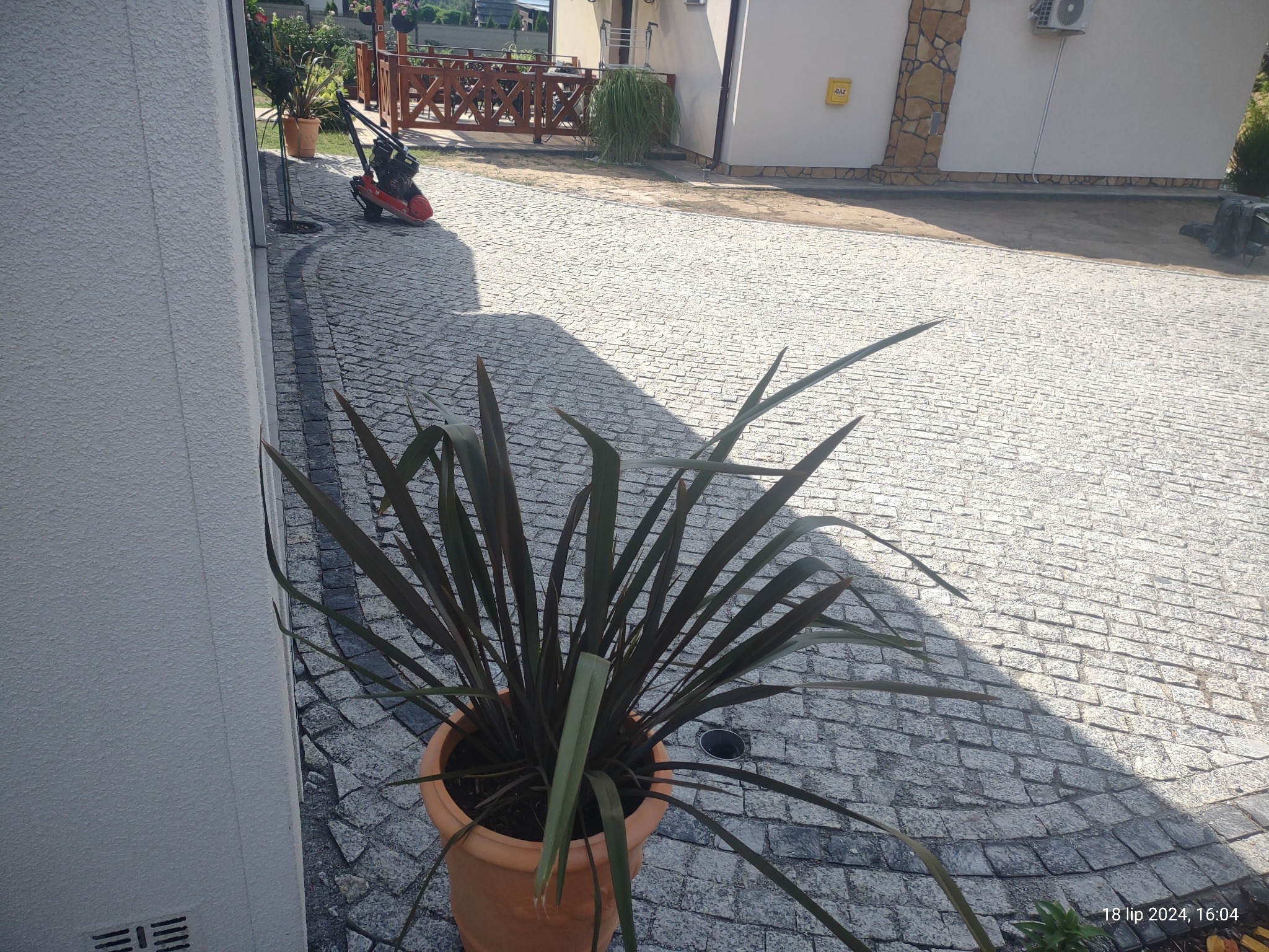Szara kostka granitowa ułożona na podjeździe domu jednorodzinnego, w tle zagęszczarka wibracyjna i donica z rośliną.