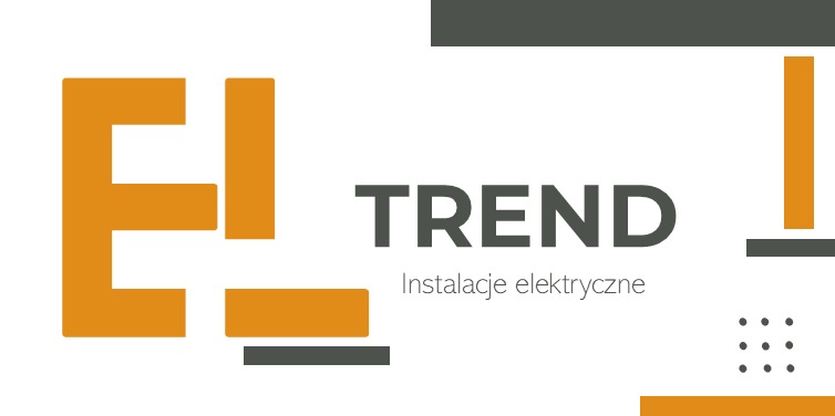 Logo firmy EL Trend Instalacje Elektryczne z geometrycznymi elementami w kolorach pomarańczowym, szarym i białym.