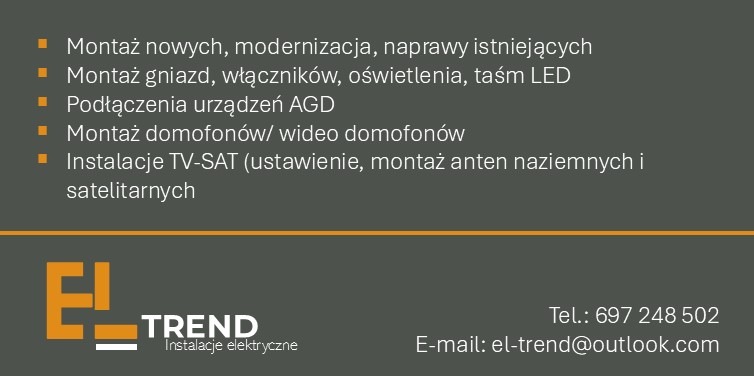 Grafika reklamowa firmy EL Trend, oferującej montaż domofonów, instalacji TV-SAT, podłączenia AGD, montaż gniazd i oświetlenia. Zawiera logo firmy, numer telefonu i adres e-mail.
