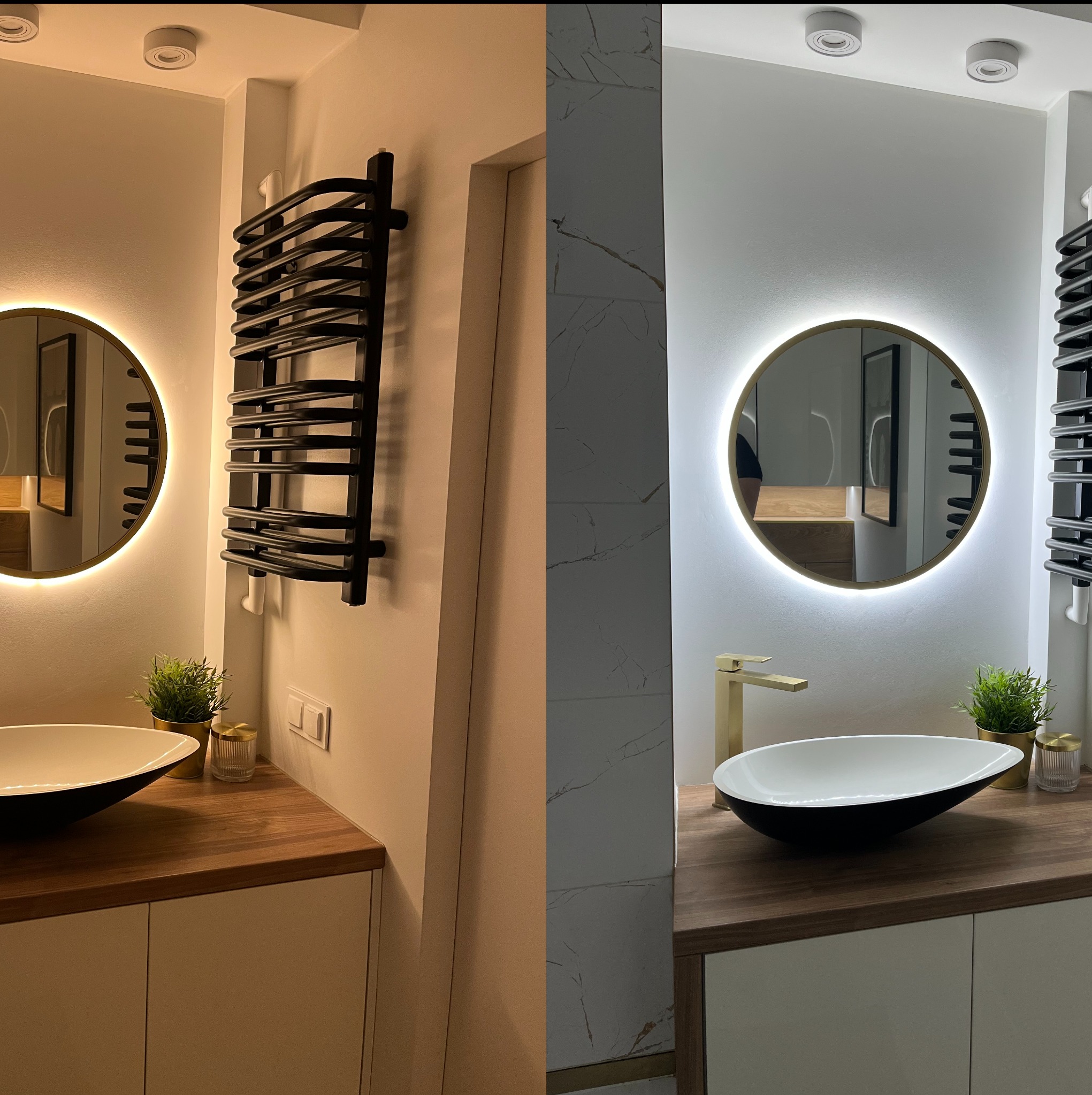Nowoczesna łazienka z owalną umywalką nablatową, okrągłym lustrem z podświetleniem LED, czarnym grzejnikiem drabinkowym i drewnianym blatem szafki, podzielona na dwie strefy o różnym oświetleniu.