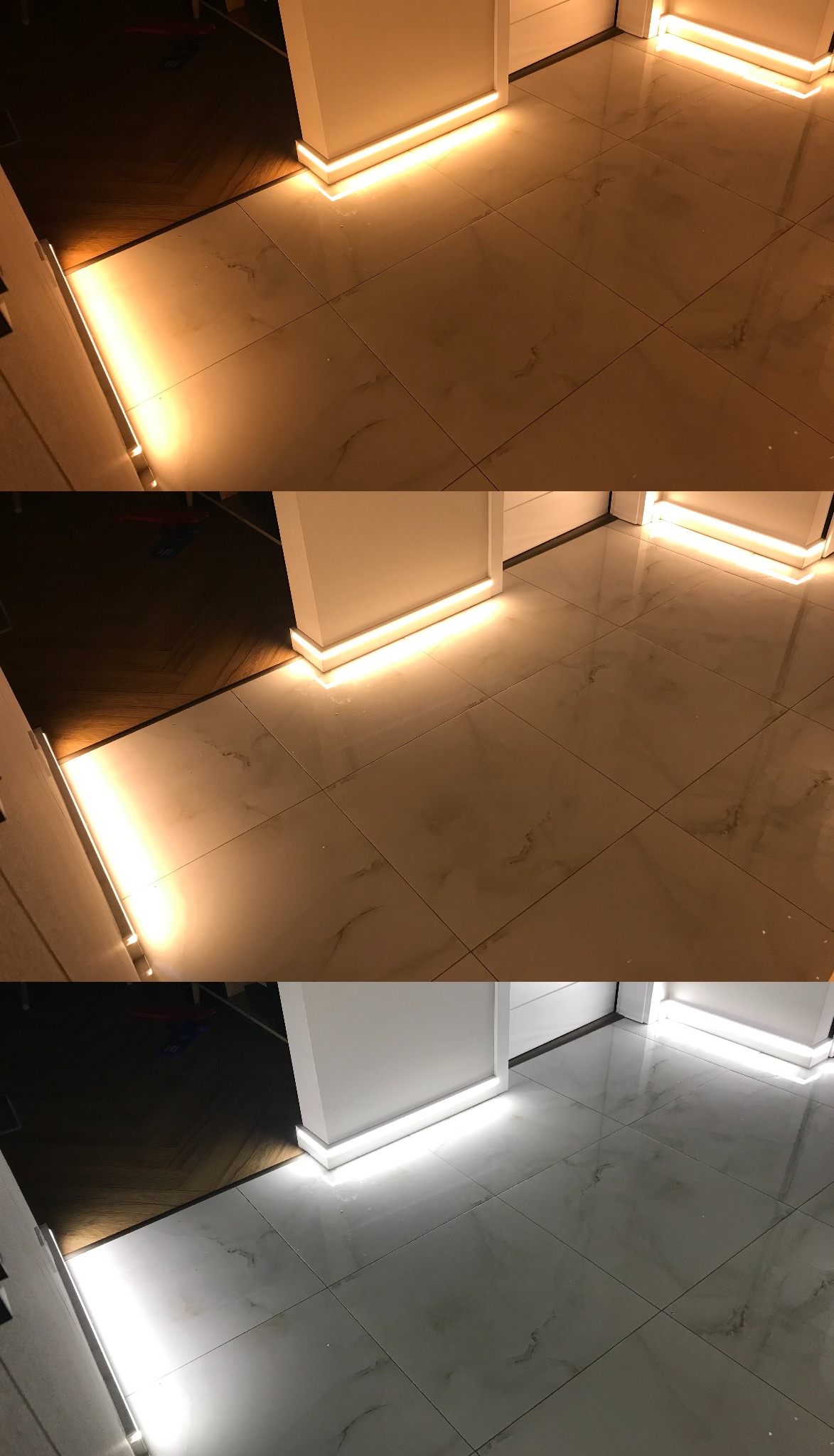 Podświetlenie LED przypodłogowe wzdłuż białych ścian i płytek podłogowych, ciepła i chłodna barwa światła, widok z góry.