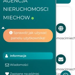 POLECANA AGENCJA NIERUCHOMOŚCI W MIECHOWIE MAREK CWAŁA - Ekran telefonu prezentujący aplikację Agencji Nieruchomości Miechów z menu bocznym zawierającym informacje, wiadomości, zaplanowane wizyty oraz dane kontaktowe, z widocznym portretem pracownika...
