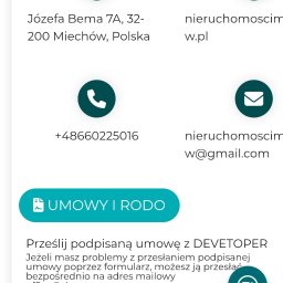 POLECANA AGENCJA NIERUCHOMOŚCI W MIECHOWIE MAREK CWAŁA - Ekran telefonu prezentujący dane kontaktowe agencji nieruchomości z Miechowa: adres, numer telefonu, adres e-mail i link do przesłania umowy.
