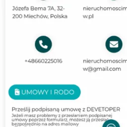 Ekran telefonu prezentujący dane kontaktowe agencji nieruchomości z Miechowa: adres, numer telefonu, adres e-mail i link do przesłania umowy.