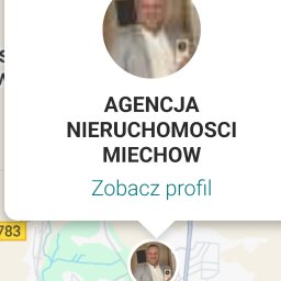 POLECANA AGENCJA NIERUCHOMOŚCI W MIECHOWIE MAREK CWAŁA - Mapa z pinezką wskazującą lokalizację Agencji Nieruchomości Miechów, z widocznym zdjęciem profilowym pracownika w pinezce i okienku informacyjnym.