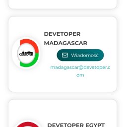POLECANA AGENCJA NIERUCHOMOŚCI W MIECHOWIE MAREK CWAŁA - Ekran telefonu prezentujący listę kontaktów deweloperskich dla Kambodży, Madagaskaru i Egiptu, każdy z logo firmy w barwach narodowych i adresem e-mail.