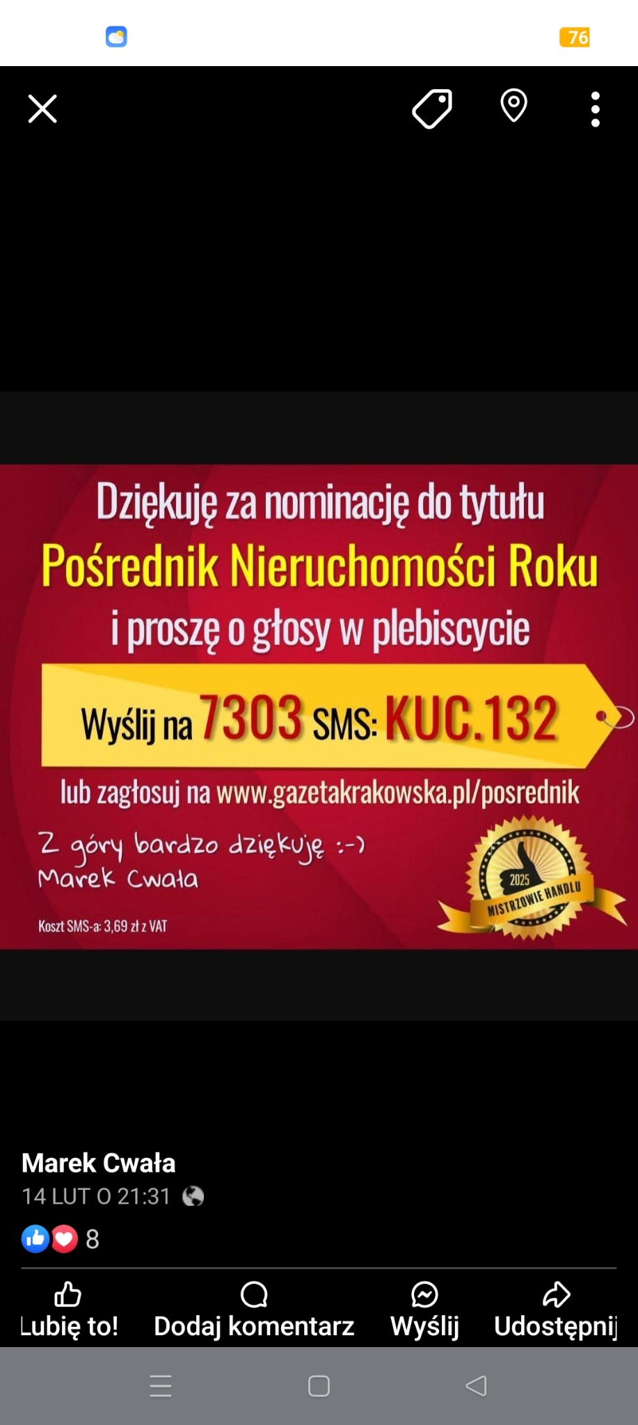 Grafika z prośbą o głos w plebiscycie na Pośrednika Nieruchomości Roku, z numerem SMS i adresem strony internetowej do głosowania.