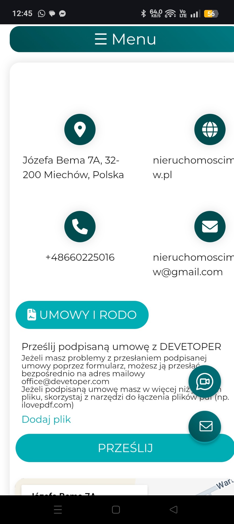 Ekran telefonu prezentujący dane kontaktowe agencji nieruchomości z Miechowa: adres, numer telefonu, adres e-mail i link do przesłania umowy.