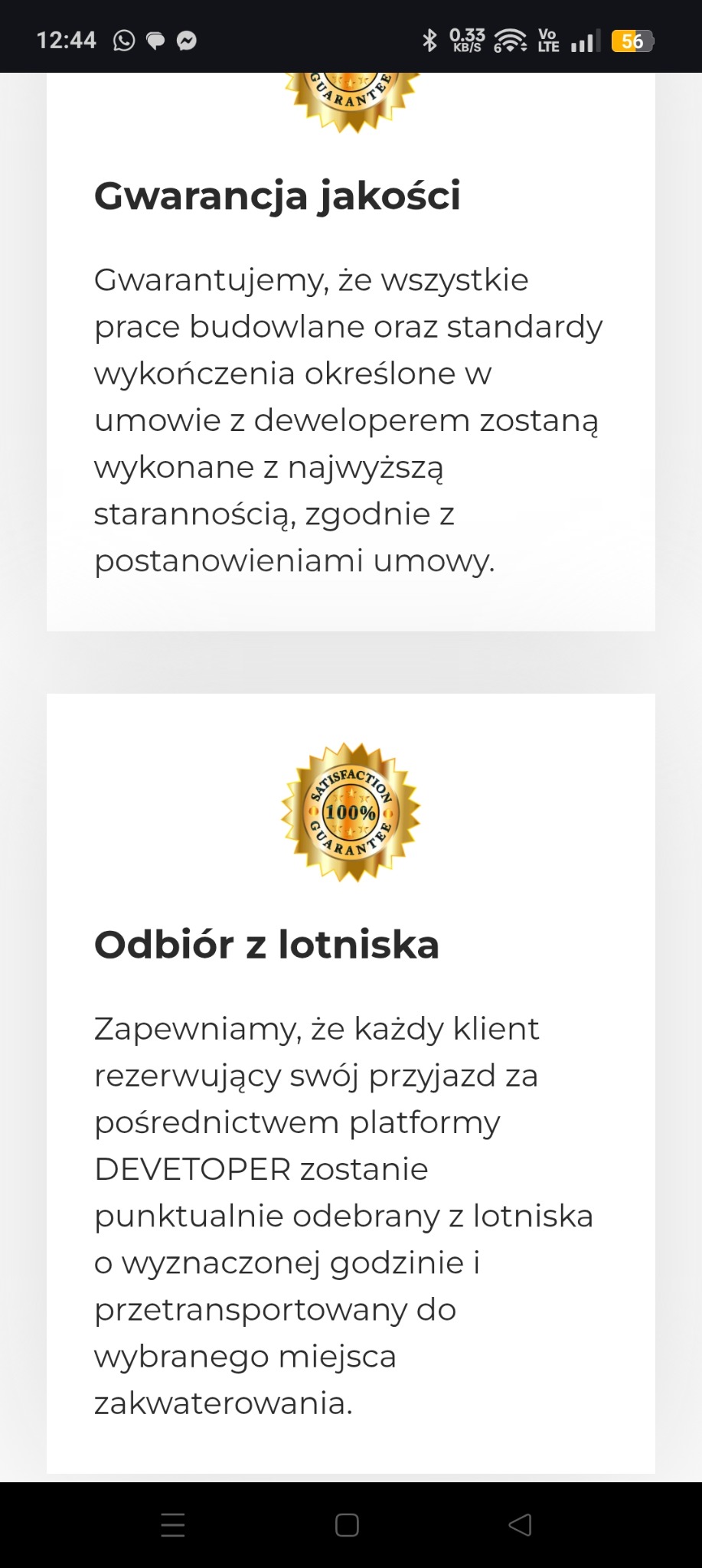 Tekst z ekranu telefonu z nagłówkami 'Gwarancja jakości' i 'Odbiór z lotniska', zawierający zapewnienia dotyczące prac budowlanych i transportu z lotniska, z logotypami 'GUARANTEE' i 'SATISFACTION...