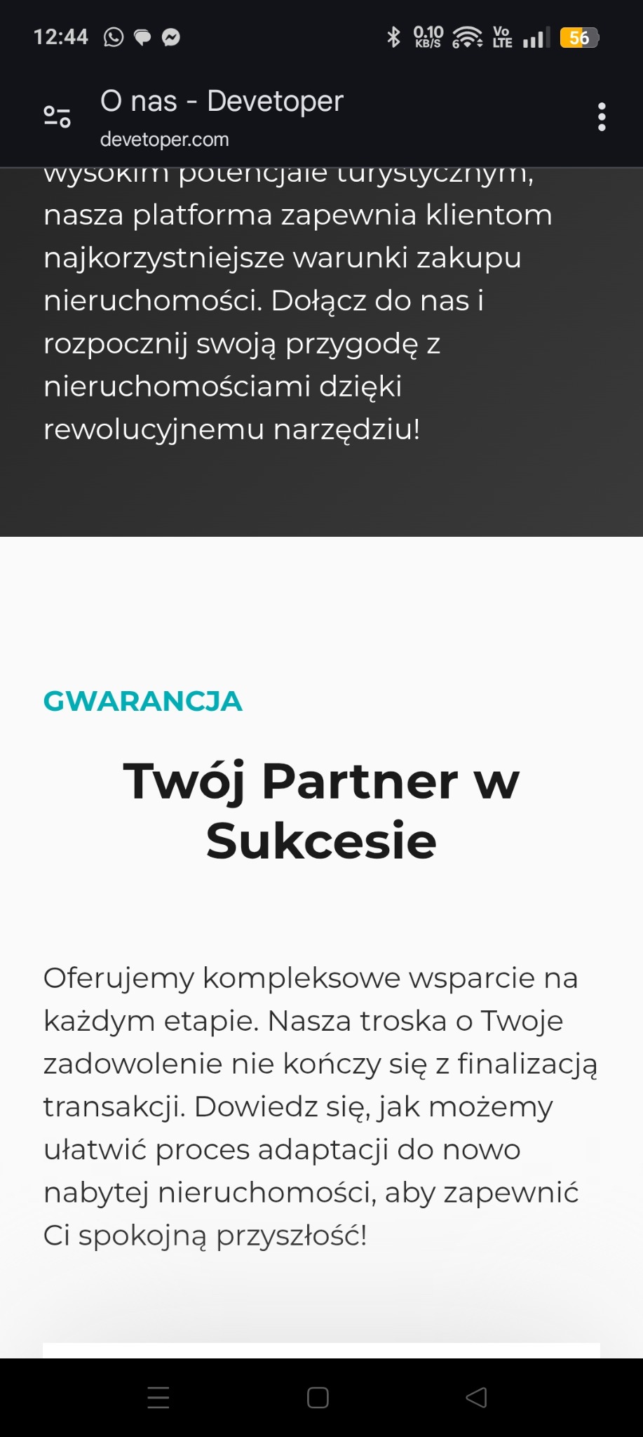 Zrzut ekranu strony internetowej dewelopera nieruchomości z tekstem o gwarancji i partnerstwie w sukcesie, zachęcający do dołączenia i rozpoczęcia przygody z nieruchomościami.