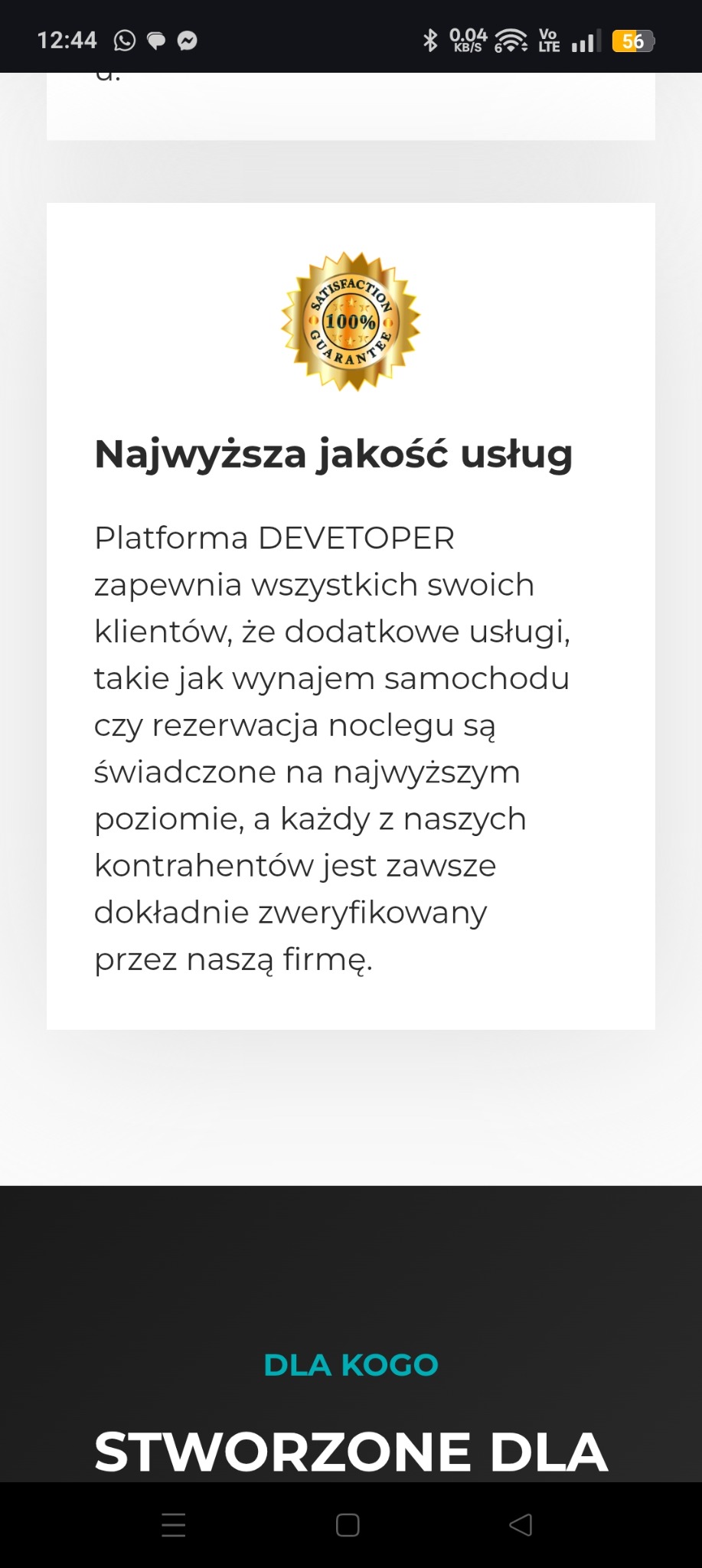 Ekran telefonu komórkowego przedstawiający reklamę platformy DEVETOPER, zapewniającej najwyższą jakość usług, w tym wynajem samochodu i rezerwację noclegu, z okrągłą złotą pieczęcią '100% GWARANCJI...