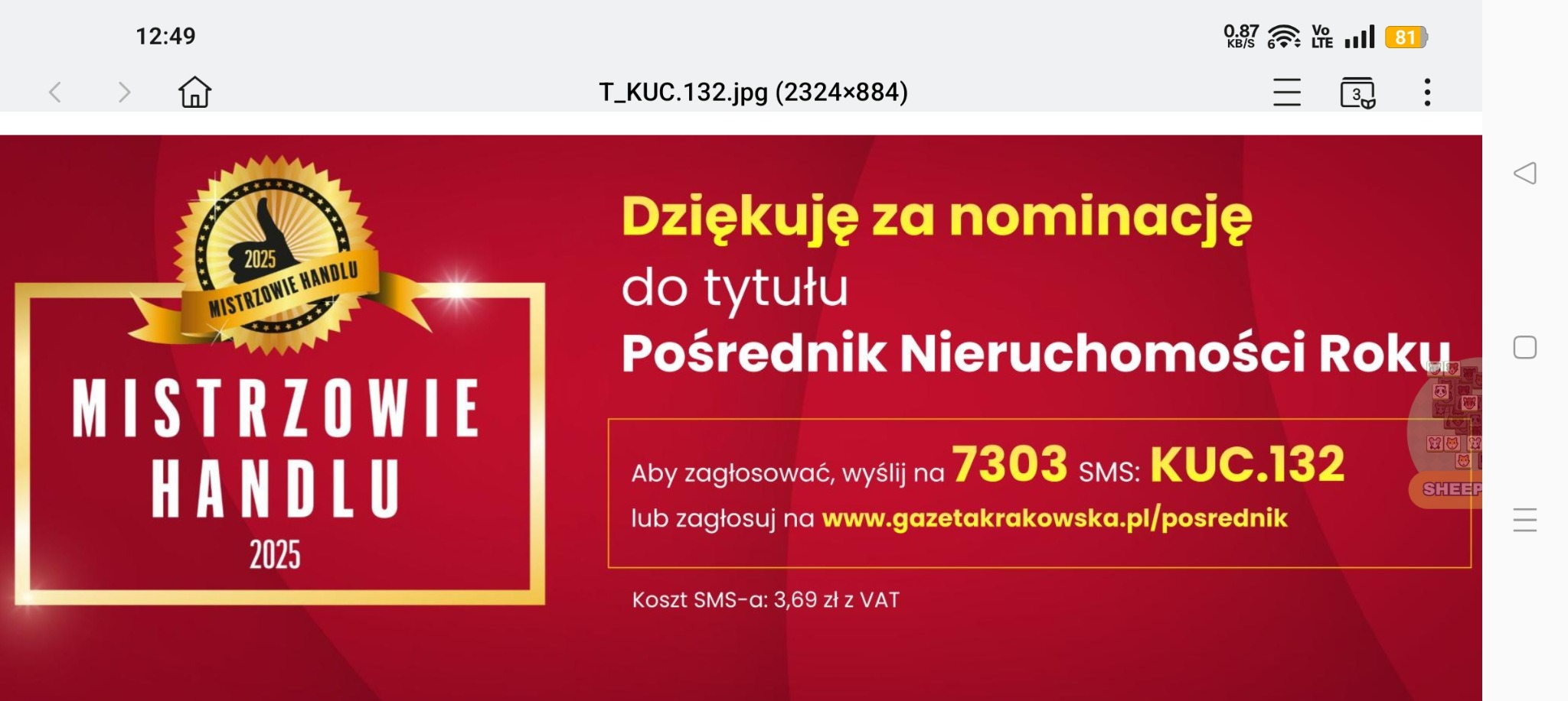 Grafika z podziękowaniem za nominację do tytułu Pośrednik Nieruchomości Roku, z informacją o możliwości głosowania przez SMS lub stronę internetową Gazety Krakowskiej.