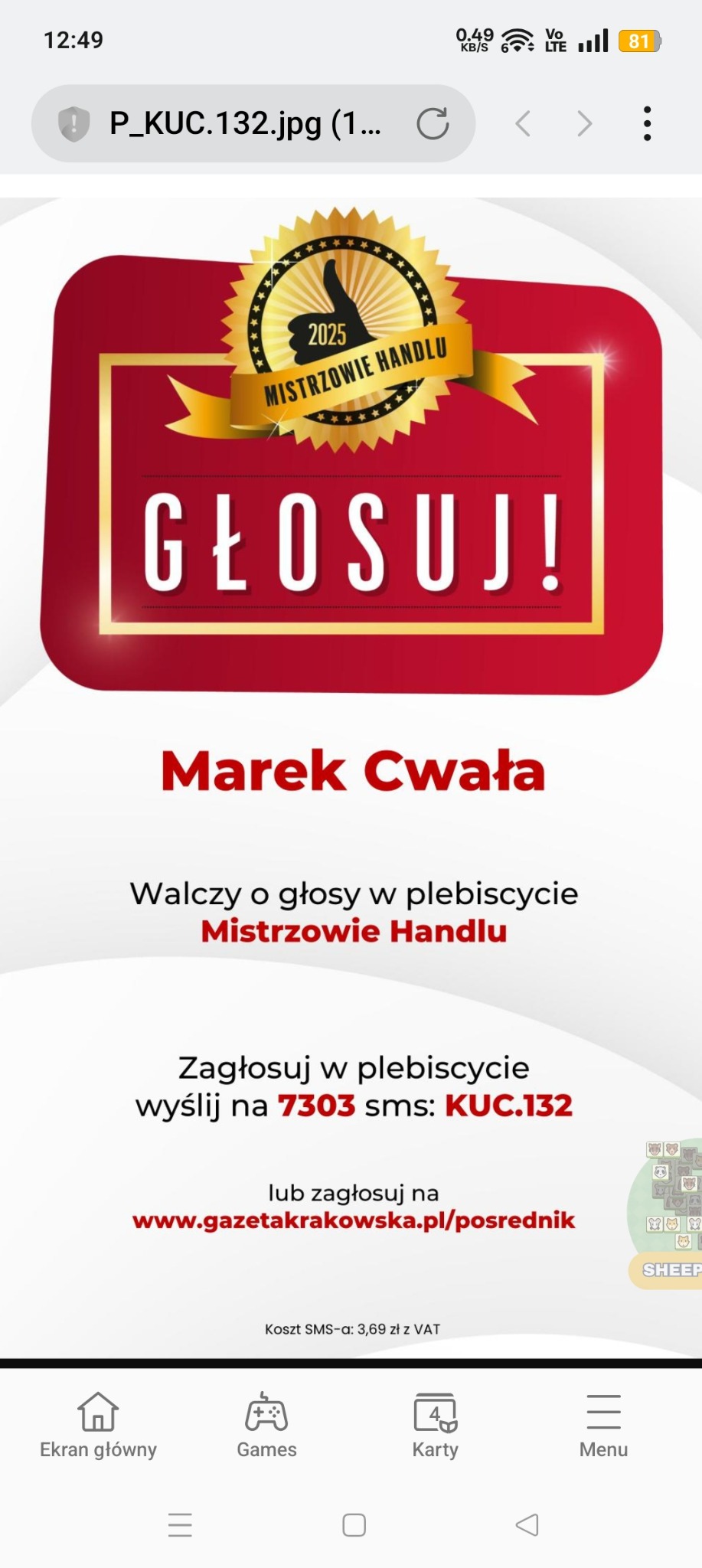 Grafika promocyjna plebiscytu Mistrzowie Handlu 2025 z wezwaniem do głosowania SMS-em na Marka Cwałę, zawierająca logo plebiscytu i informacje o koszcie SMS-a.