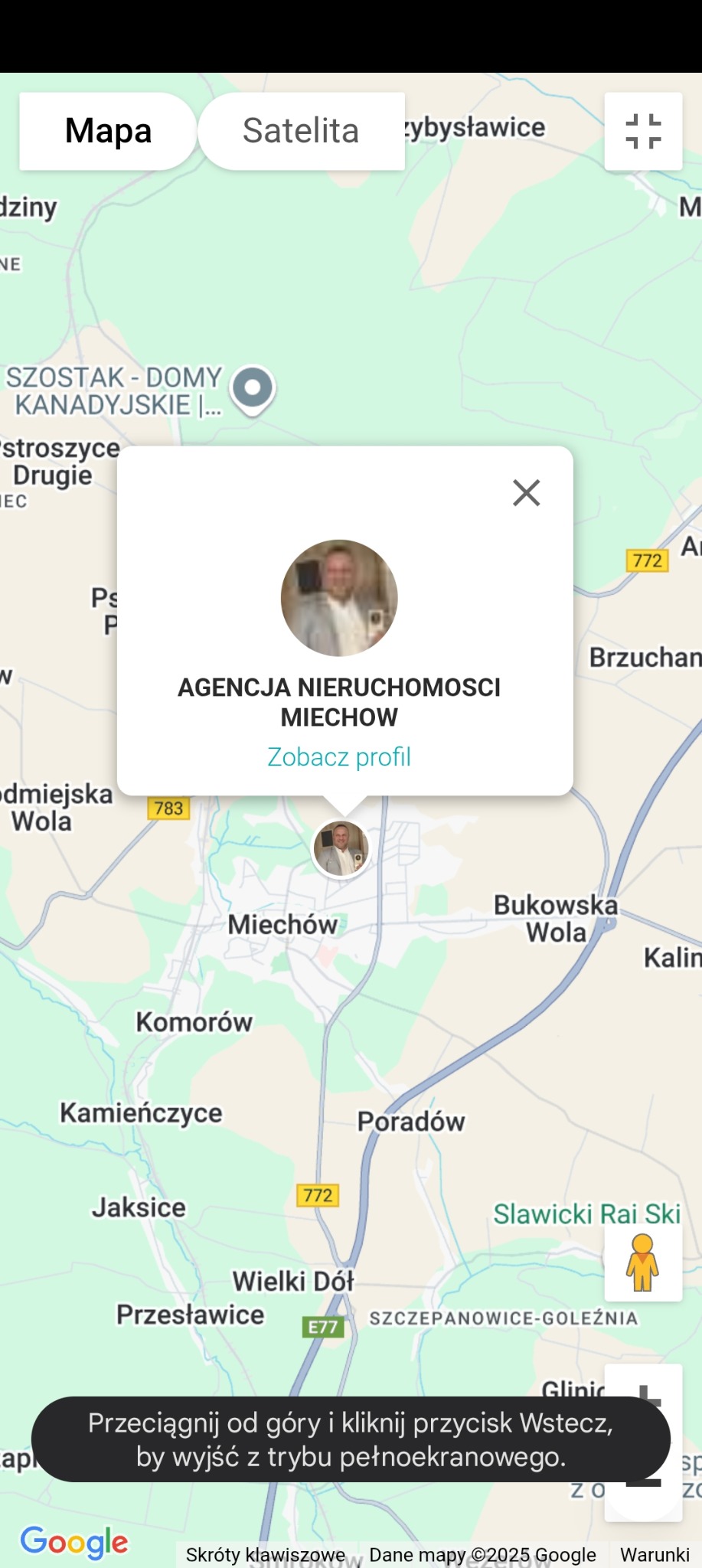 Mapa Google z zaznaczoną lokalizacją Agencji Nieruchomości Miechów i zdjęciem profilowym agenta w okienku informacyjnym.