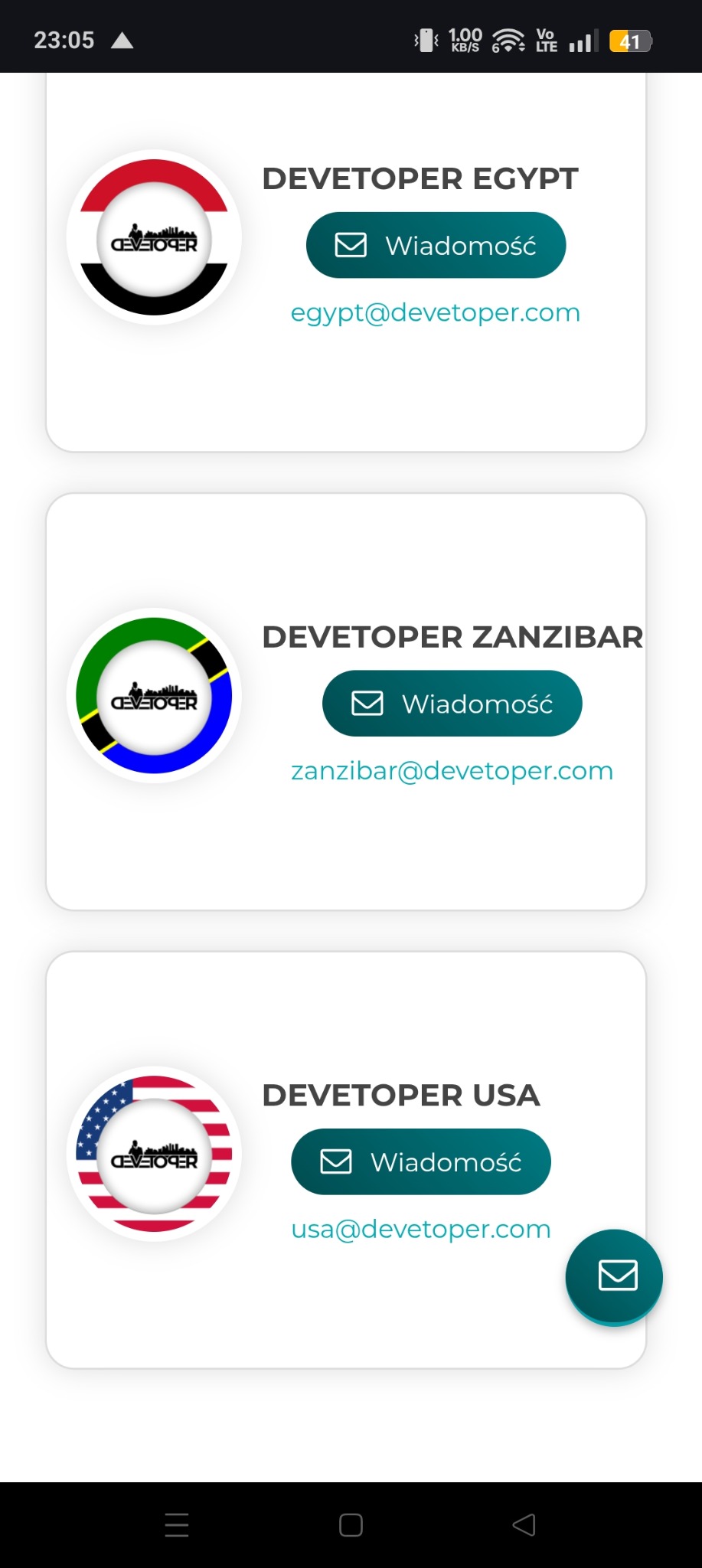 Ekrany z logo i danymi kontaktowymi firm deweloperskich w Egipcie, Zanzibarze i USA, wyświetlane na urządzeniu mobilnym.