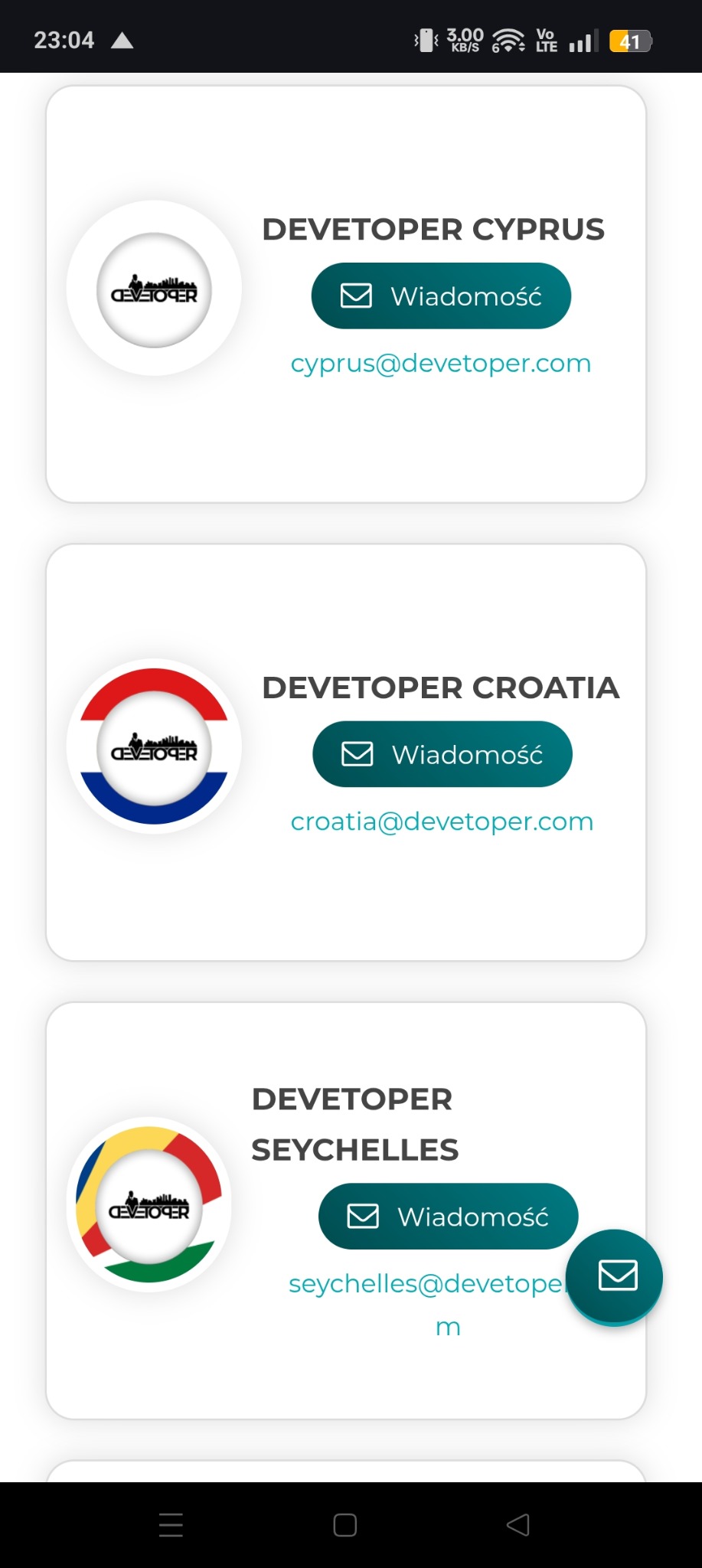 Lista kontaktów deweloperów z Cypru, Chorwacji i Seszeli, prezentująca logotypy firm, nazwy i dane kontaktowe w interfejsie aplikacji mobilnej.