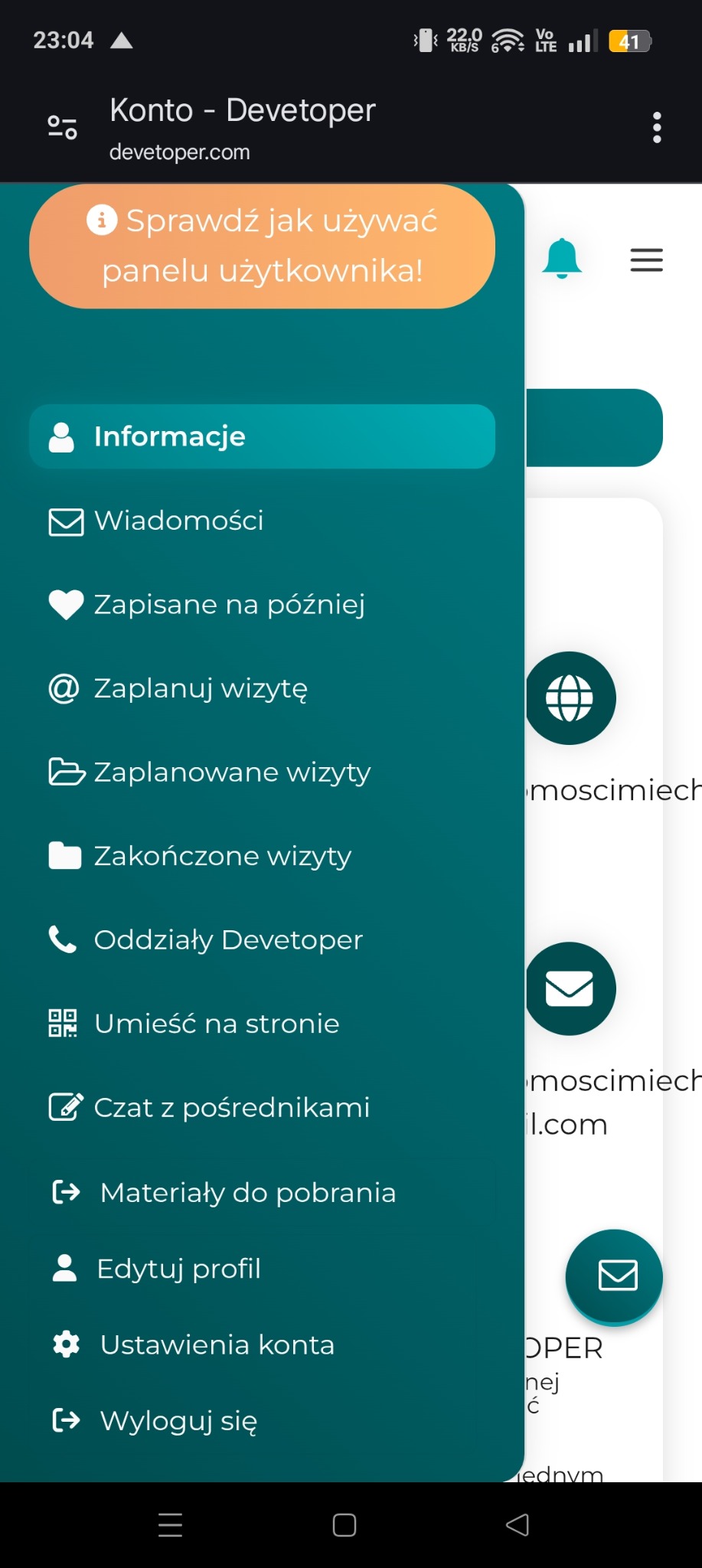 Ekran smartfona z otwartą aplikacją 'Devetoper', prezentującą menu boczne z opcjami takimi jak informacje, wiadomości, zaplanowane wizyty i czat z pośrednikami.