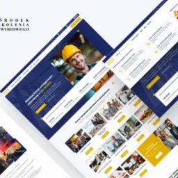 Projekt strony internetowej centrum szkoleniowego Wubex z widocznymi elementami graficznymi, ofertą kurs&oacute;w zawodowych i zdjęciami pracownik&oacute;w w kaskach.