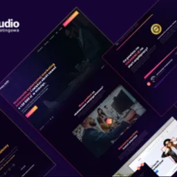 Kompozycja z fragmentów stron internetowych prezentujących usługi agencji marketingowej Empiria Studio, z widocznym logo, hasłami reklamowymi i przykładami wyników klientów, utrzymana w ciemnej...