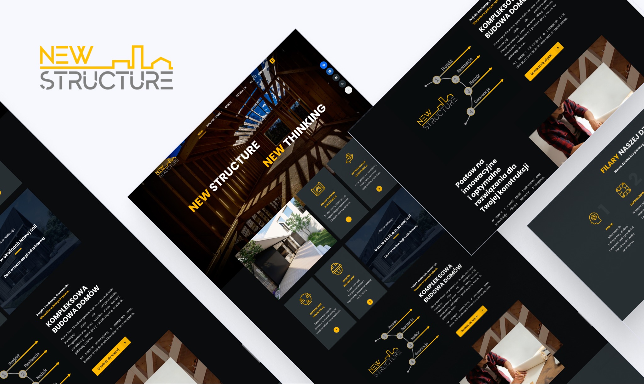 Projekt strony internetowej firmy budowlanej New Structure z elementami wizualizacji 3D, schematami etapów budowy i zdjęciami realizacji domów szkieletowych.