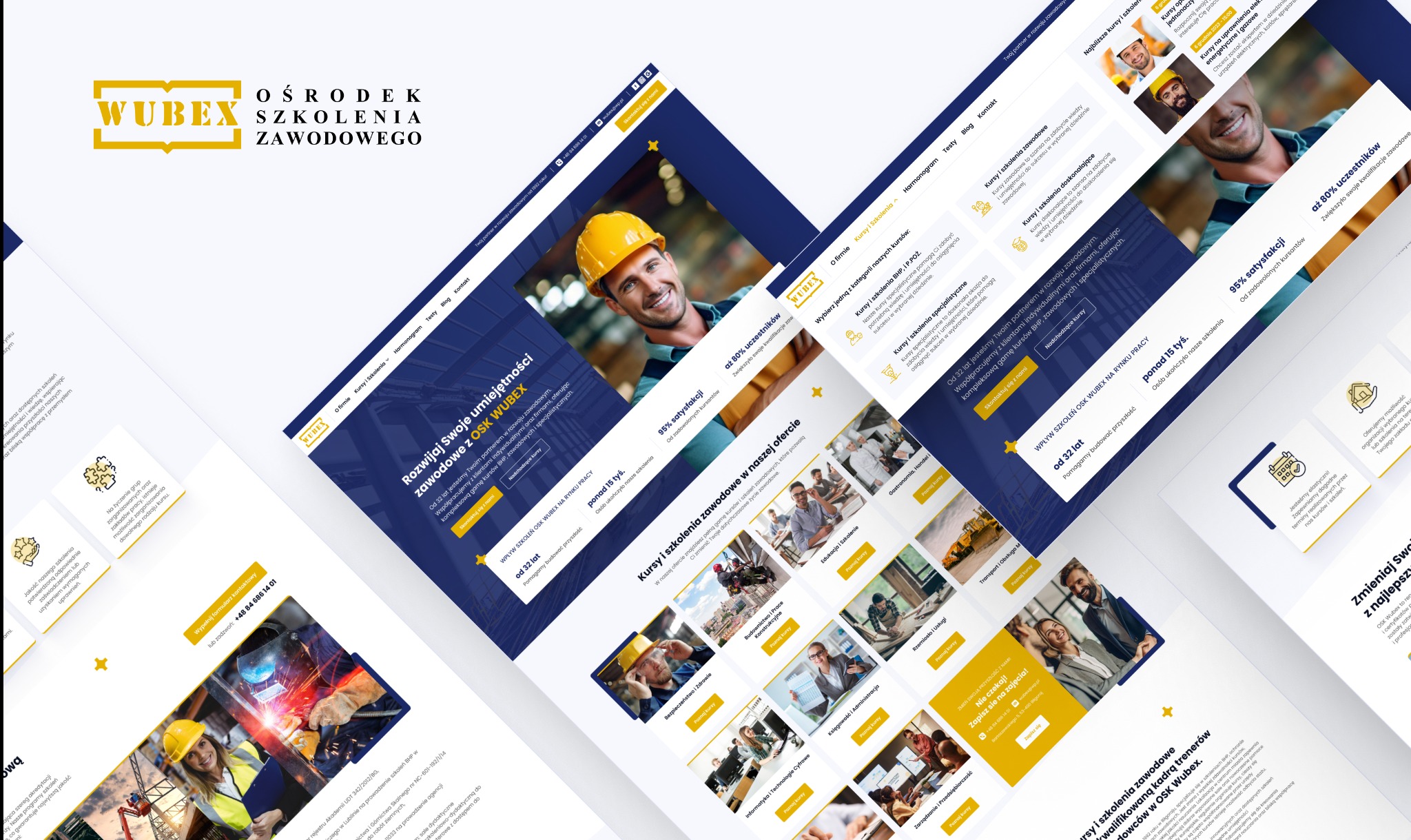 Projekt strony internetowej centrum szkoleniowego Wubex z widocznymi elementami graficznymi, ofertą kursów zawodowych i zdjęciami pracowników w kaskach.