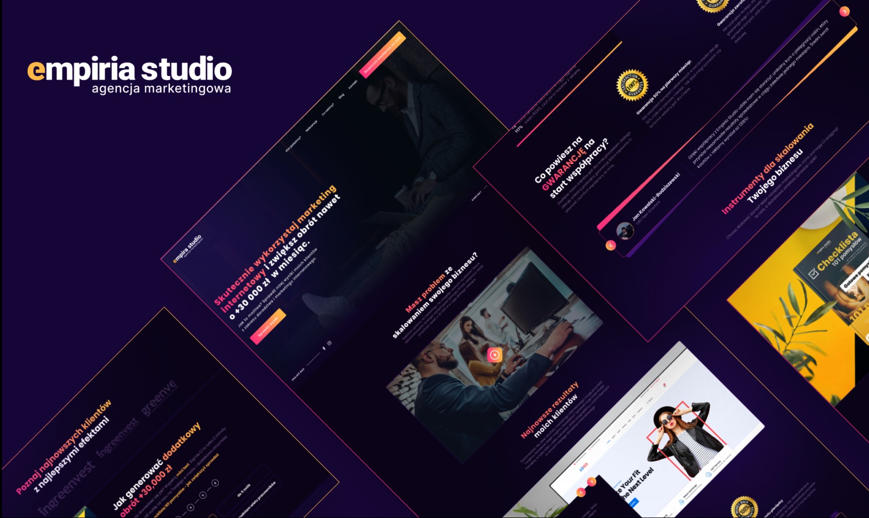 Kompozycja z fragmentów stron internetowych prezentujących usługi agencji marketingowej Empiria Studio, z widocznym logo, hasłami reklamowymi i przykładami wyników klientów, utrzymana w ciemnej...