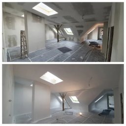 Dawid Papierz - Podwójne ujęcie poddasza: górne - surowe ściany po szpachlowaniu, zabezpieczona folią podłoga, drewniane belki; dolne - po malowaniu na biało, z lampą podłogową.