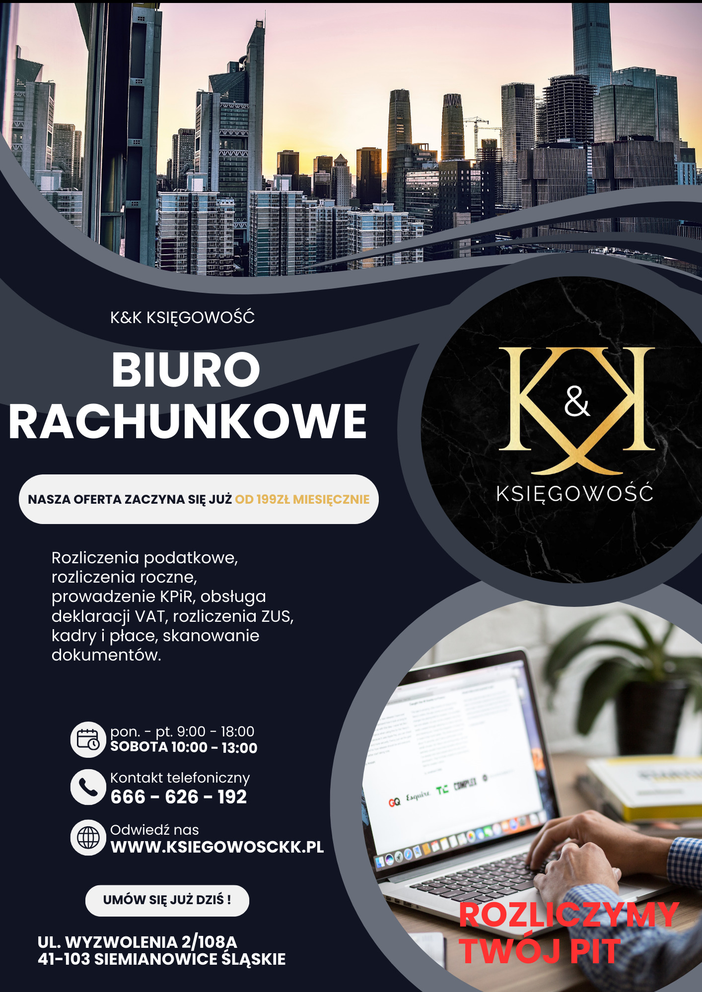 Biuro rachunkowe K&K Księgowość oferuje rozliczenia podatkowe, prowadzenie KPiR, obsługę VAT, ZUS, kadry i płace. Oferta od 199 zł miesięcznie. Rozliczymy Twój PIT.