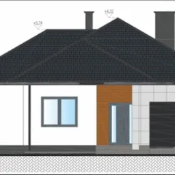 Rzut boczny domu jednorodzinnego z garażem, prezentujący elewację z różnymi materiałami wykończeniowymi: biały tynk, drewniana okładzina i płytki imitujące kamień. Widoczne wymiary wysokości dachu...