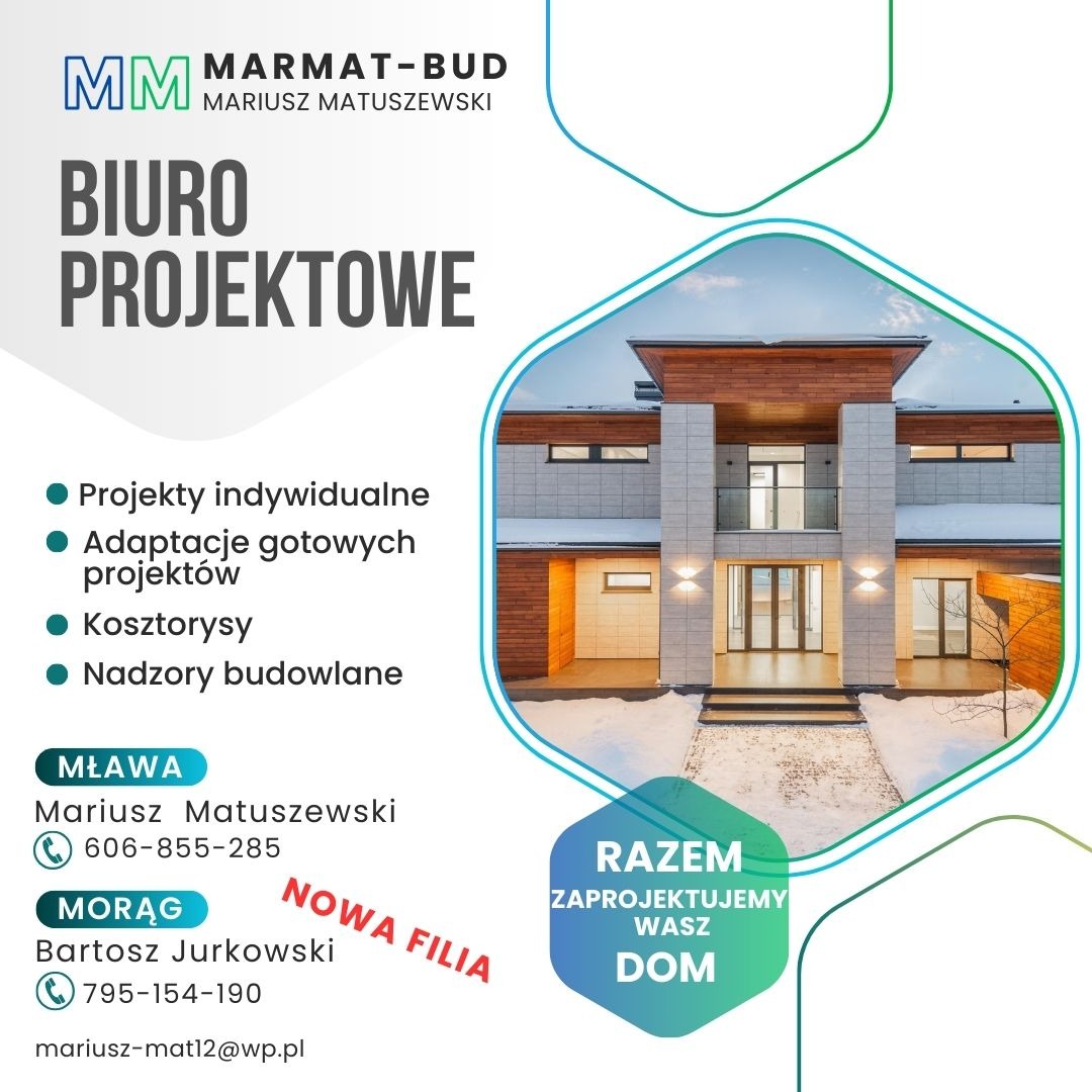 Reklama biura projektowego Marmat-Bud z wizualizacją nowoczesnego domu z płaskim dachem, dwoma kondygnacjami, balkonem i elementami wykończenia z drewna. Na pierwszym planie śnieg.