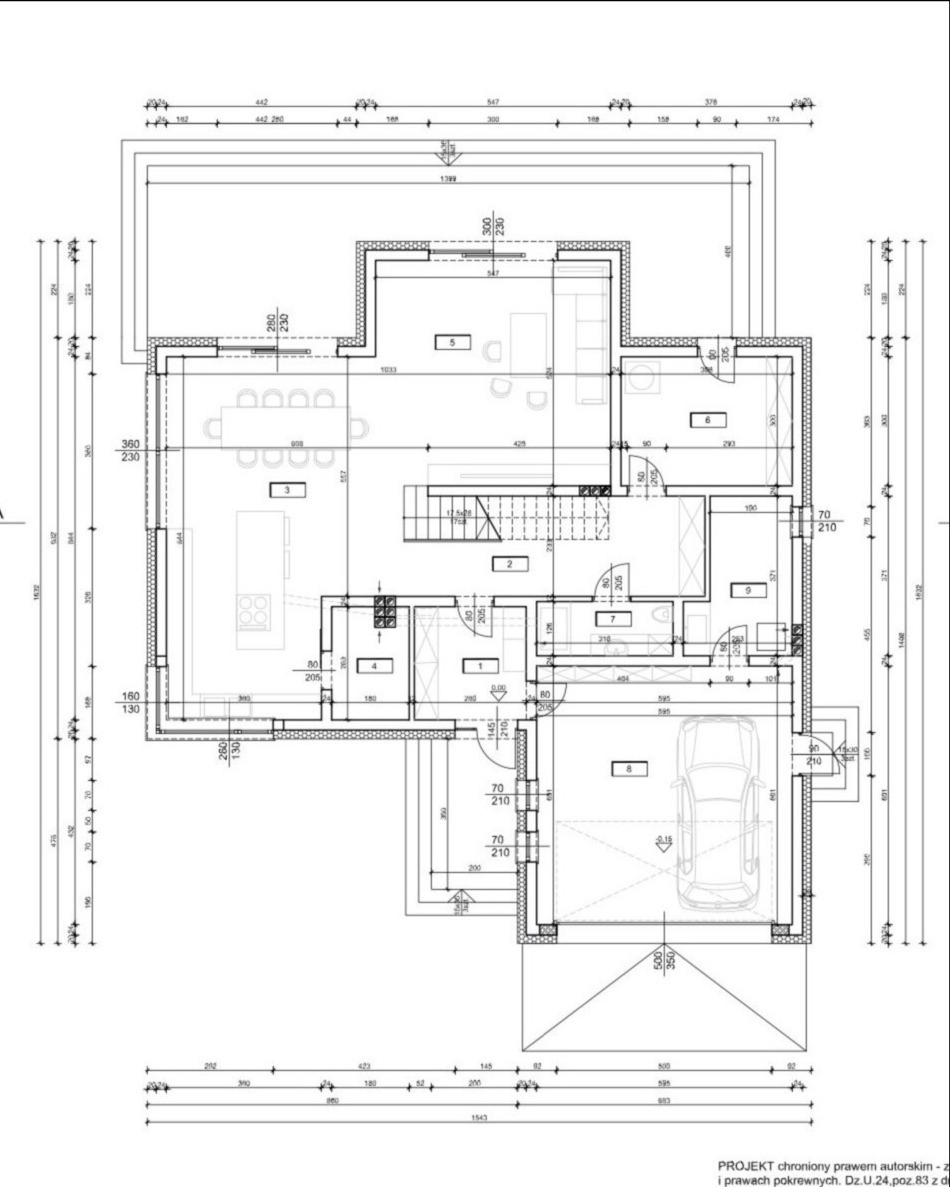 Rzut poziomy domu jednorodzinnego z garażem, widok z góry, z precyzyjnymi wymiarami i oznaczeniami pomieszczeń, w stylu technicznym.