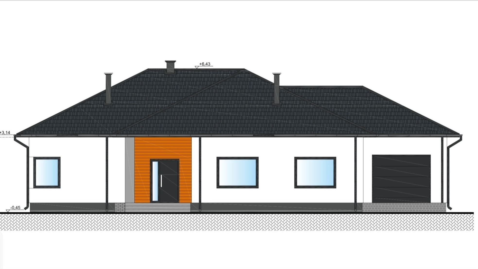 Projekt domu jednorodzinnego z garażem, widok z boku prezentujący elewację z elementami drewnopodobnymi, antracytową dachówką i stolarką okienną.