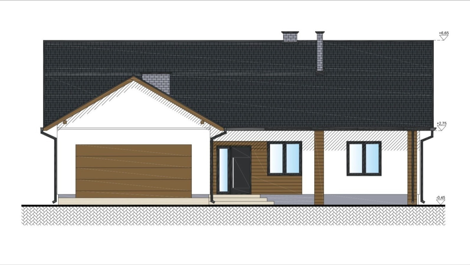 Projekt elewacji domu jednorodzinnego z garażem, widok boczny z zaznaczonymi wymiarami wysokości.