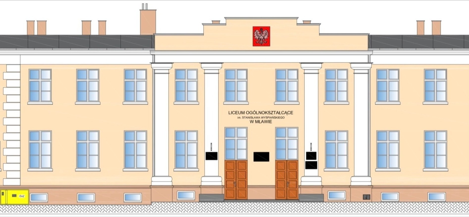 Wizualizacja elewacji budynku Liceum Ogólnokształcącego w Mławie, z kolumnami i godłem Polski nad wejściem, prezentująca projekt architektoniczny.