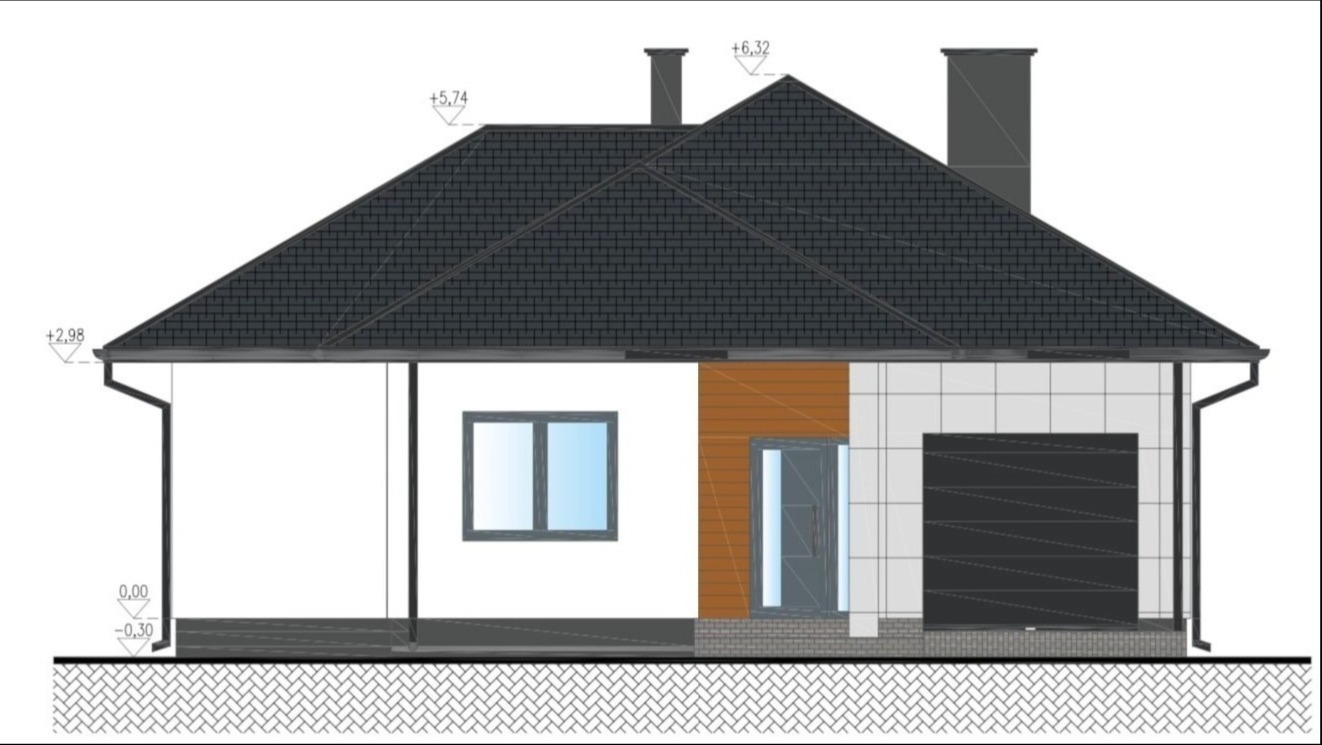 Rzut boczny domu jednorodzinnego z garażem, prezentujący elewację z różnymi materiałami wykończeniowymi: biały tynk, drewniana okładzina i płytki imitujące kamień. Widoczne wymiary wysokości dachu...