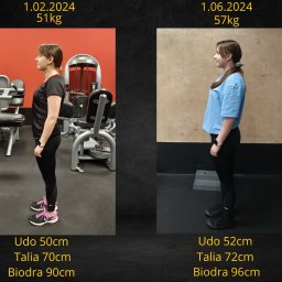 Patryk Kotala Trener Osobisty - Porównanie sylwetki kobiety przed i po treningach, widoczne zmiany w obwodach uda, talii i bioder oraz wagi, na tle siłowni i neutralnej ściany.