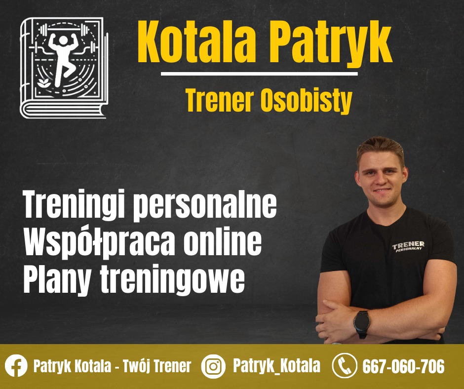 Portret uśmiechniętego mężczyzny w czarnym t-shircie z logo 'Trener Personalny', na graficznym tle z informacjami o treningach personalnych, współpracy online i planach treningowych, oraz danymi...