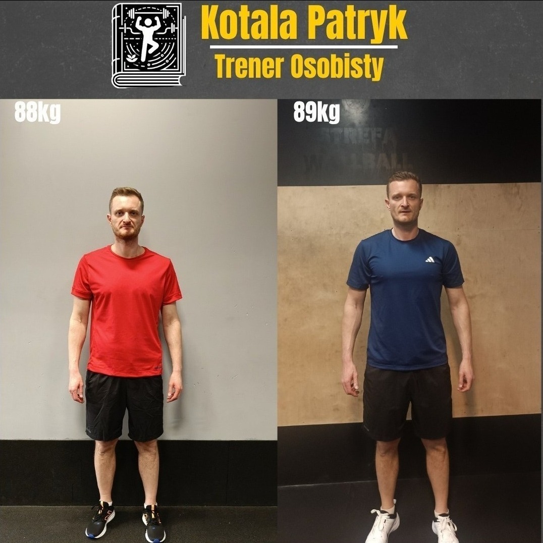 Mężczyzna przed i po treningu personalnym: redukcja wagi z 88kg do 89kg, widoczna zmiana sylwetki, na tle ściany w siłowni.